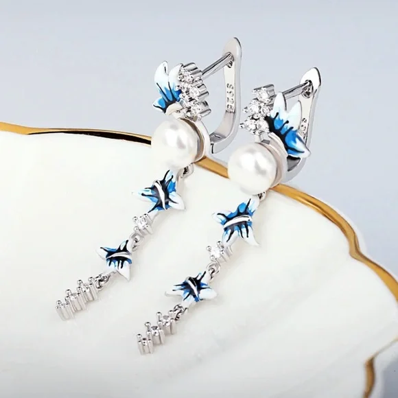 Blue and White Butterflies Long Tassel Earrings 925 Sterling Silver - Picture 2 of 5